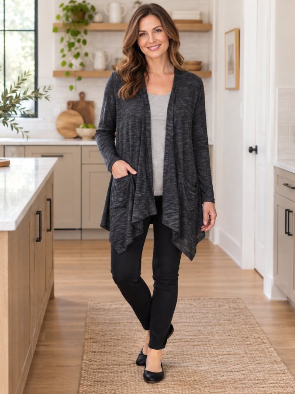 LOGO by Lori Goldstein Black Gray Marled Asymmetrical Cardigan Size M